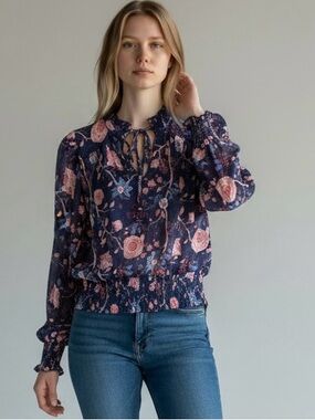 Rachel Zoe Floral Tie-Neck Smocked Hem Sheer Blouse Navy & Pink/Peach Women’s S